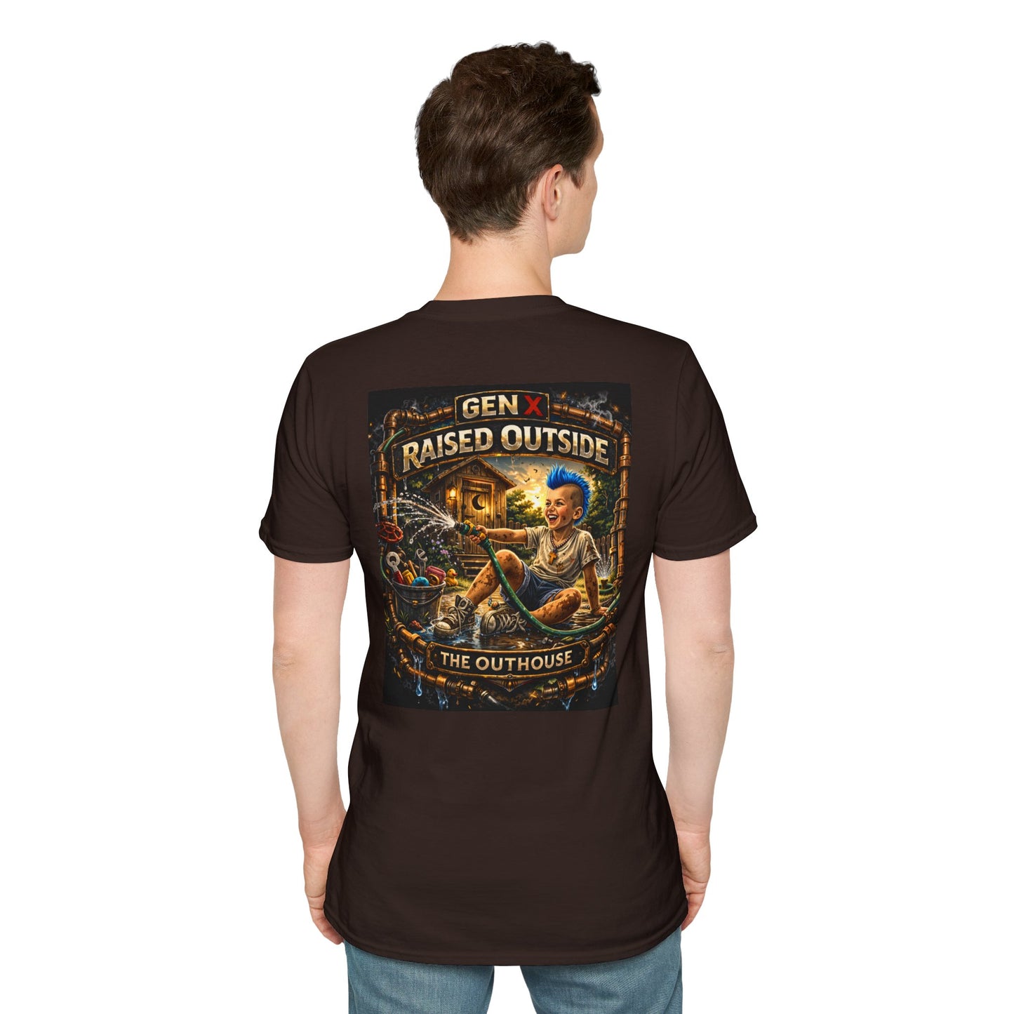 Raised Outside Outhouse Tee — Gen X Retro Outdoor Humor T-Shirt