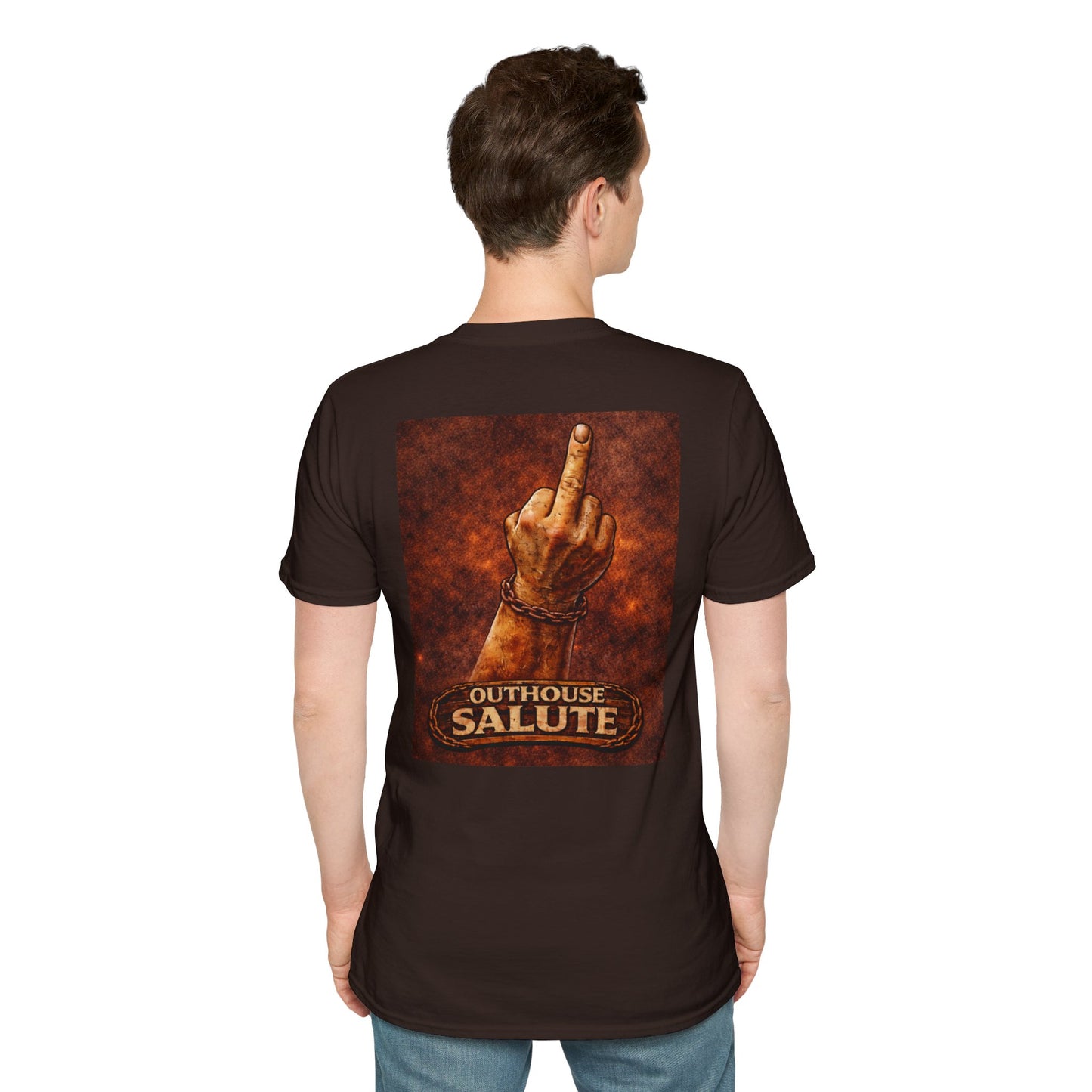 Outhouse Salute T-Shirt — Rustic Hand Gesture Graphic Tee