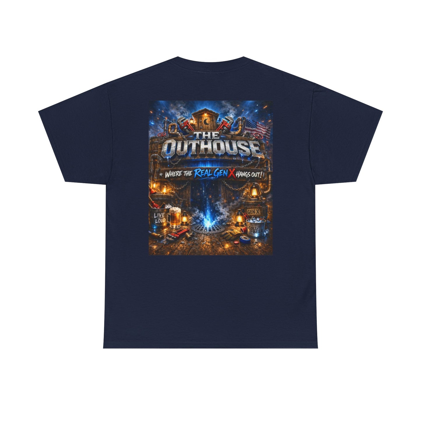 The Outhouse Gen X Tee — Retro Campfire Nostalgia Graphic T-Shirt