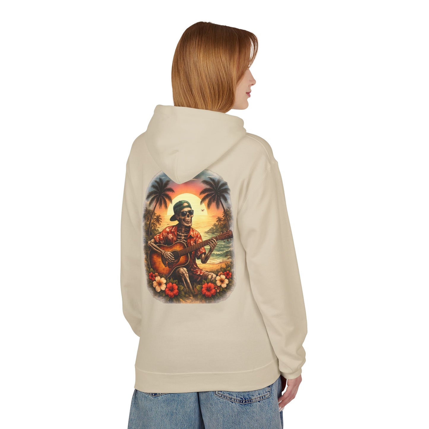 Hawaiian Skeleton Guitar Hoodie — Sunset Palm Vintage Rock Pullover
