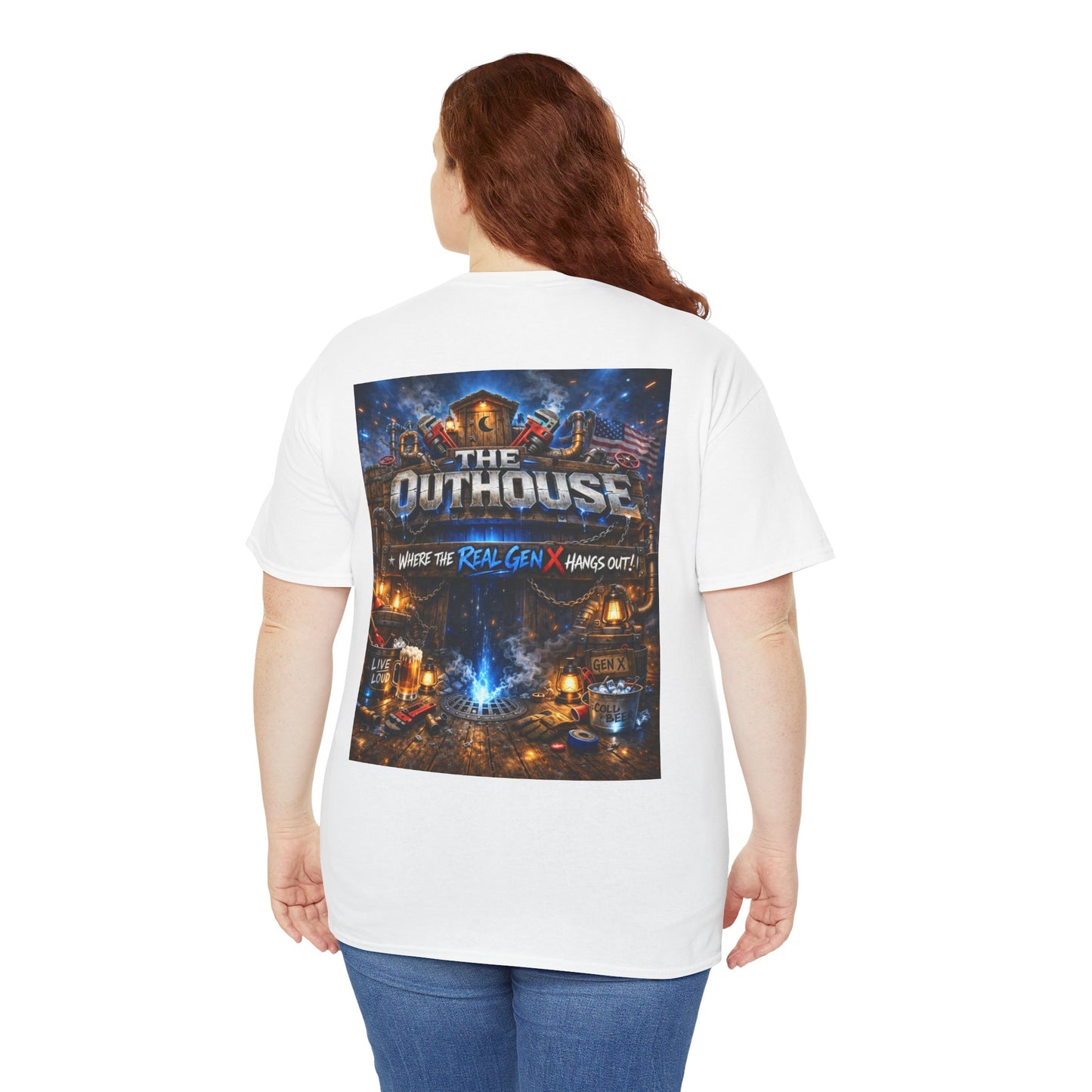 The Outhouse Gen X Tee — Retro Campfire Nostalgia Graphic T-Shirt