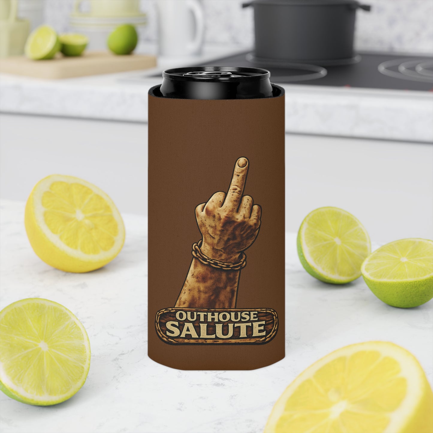Outhouse Salute Can Cooler — Neoprene Koozie for BBQs & Tailgates