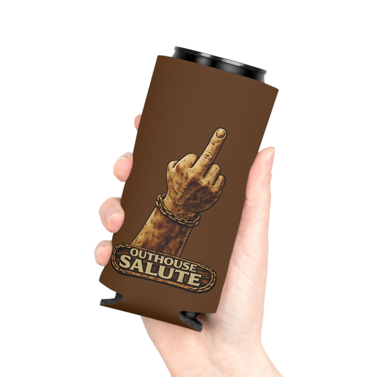 Outhouse Salute Can Cooler — Neoprene Koozie for BBQs & Tailgates