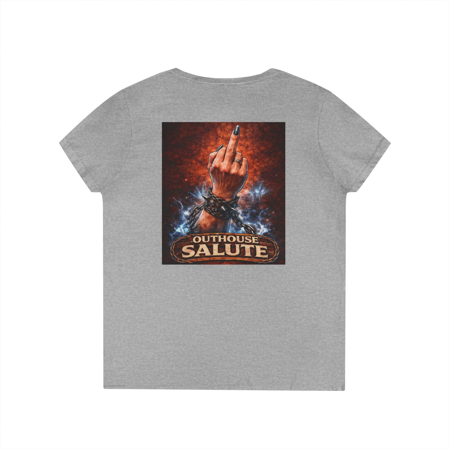 Outhouse Salute V-Neck Tee — Bold Back Graphic Ladies' T-Shirt