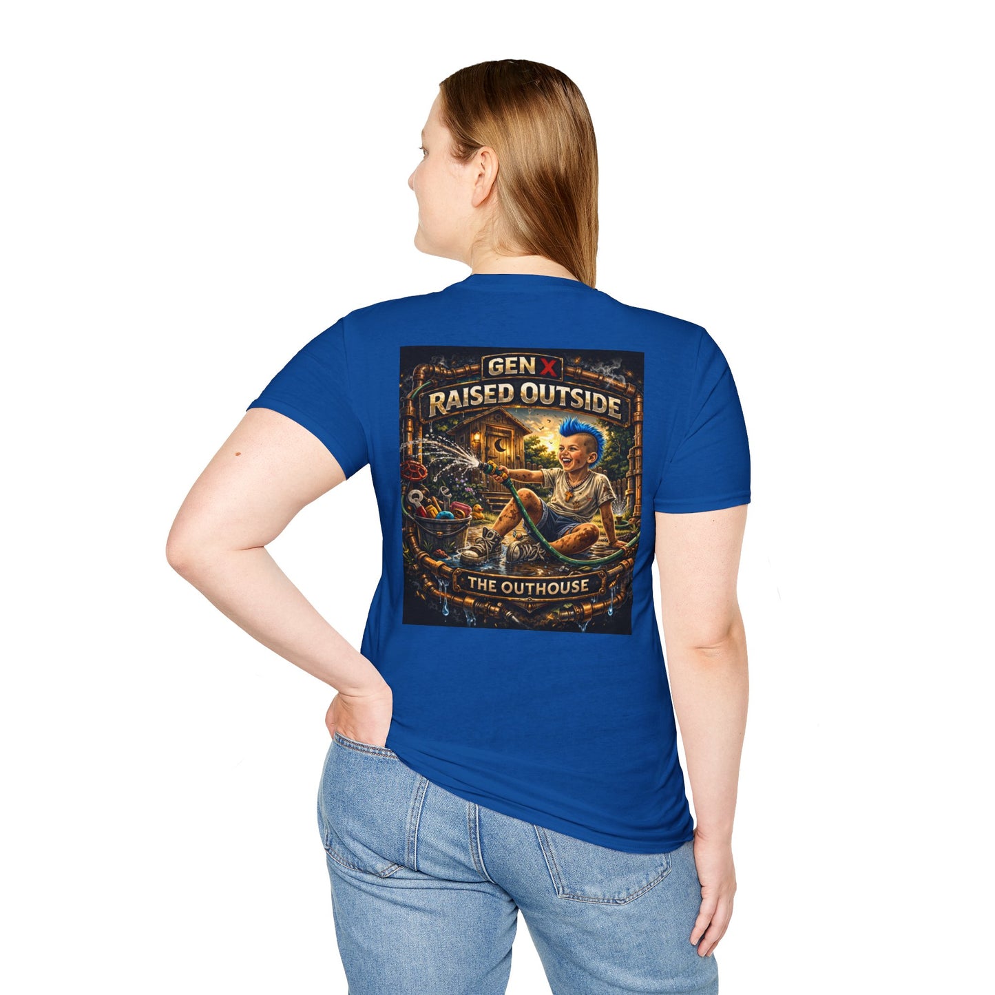 Raised Outside Outhouse Tee — Gen X Retro Outdoor Humor T-Shirt