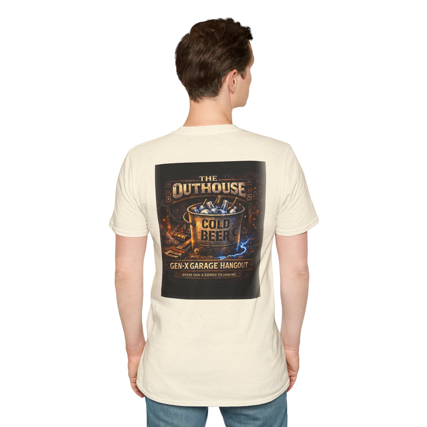 The Outhouse Cold Beer T-Shirt — Gen‑X Garage Hangout Graphic Tee