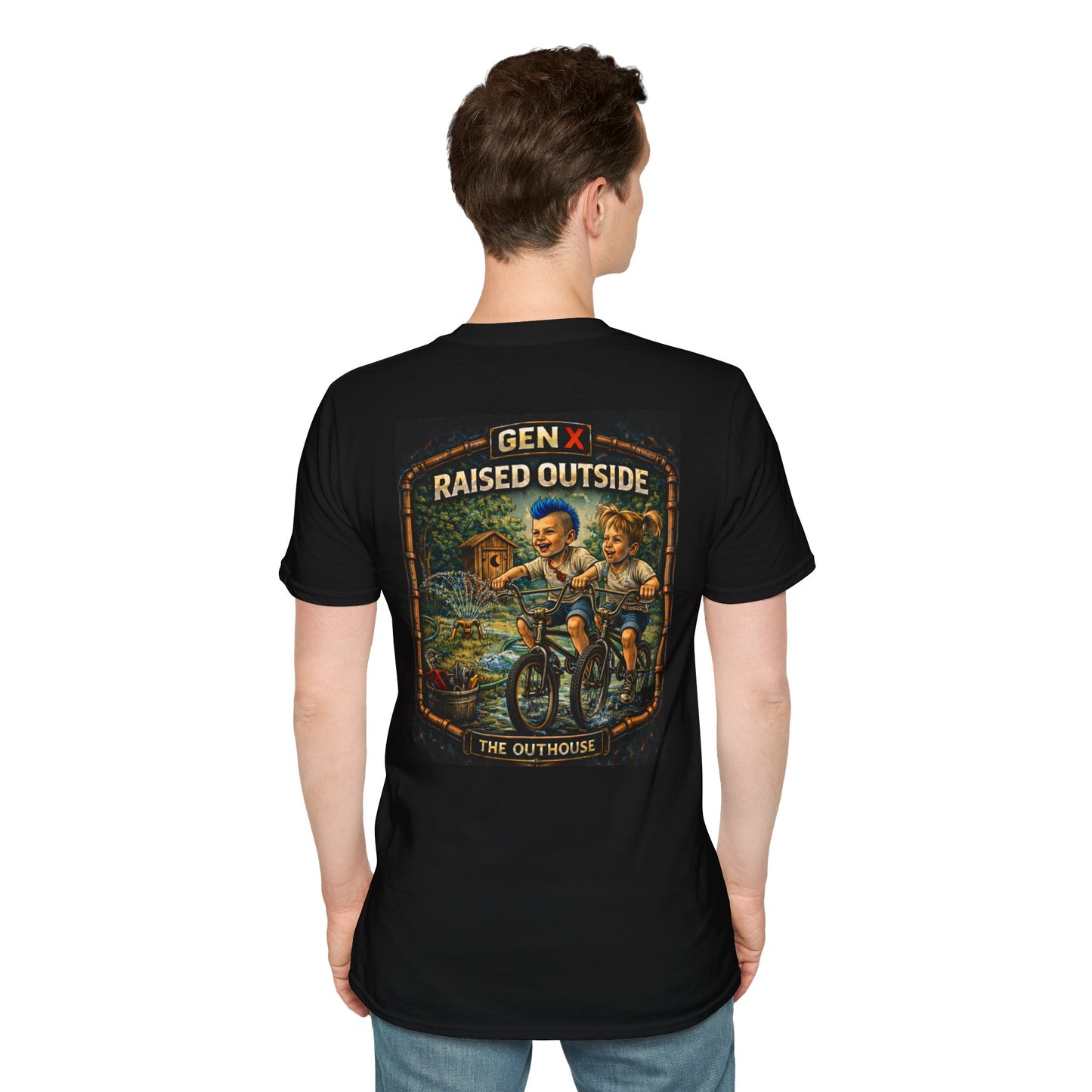 Gen X "Raised Outside" T-Shirt — Retro Outhouse Vintage Graphic Tee