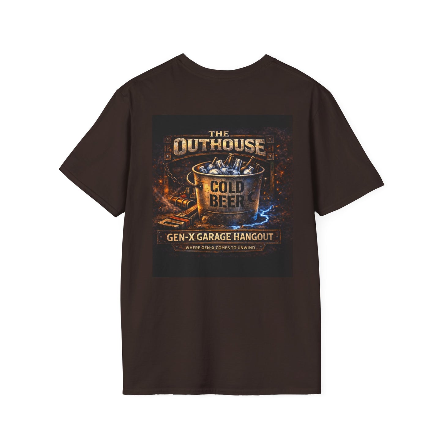 The Outhouse Cold Beer T-Shirt — Gen‑X Garage Hangout Graphic Tee