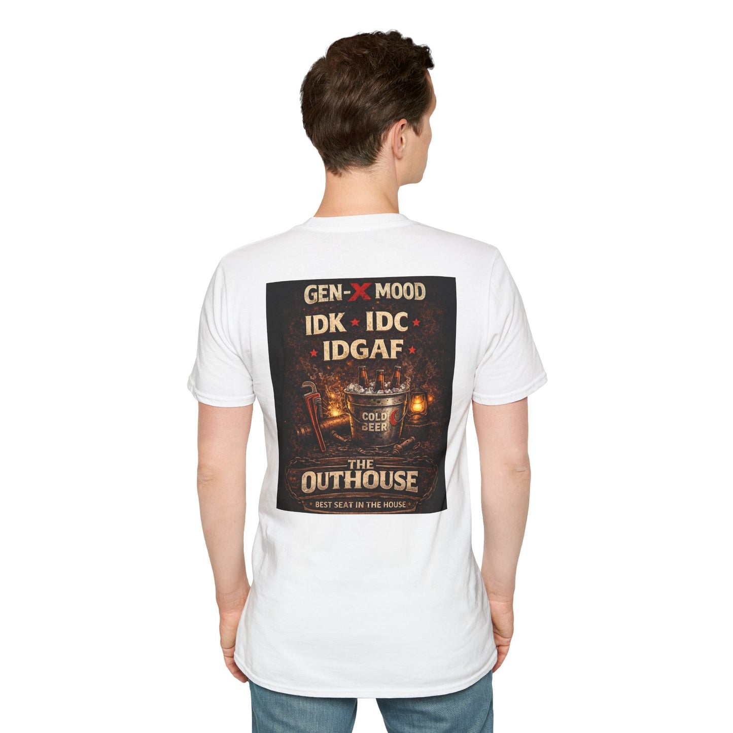 Outhouse Gen-X T-Shirt — "Gen-X Mood: IDK • IDC • IDGAF" Retro Beer Graphic