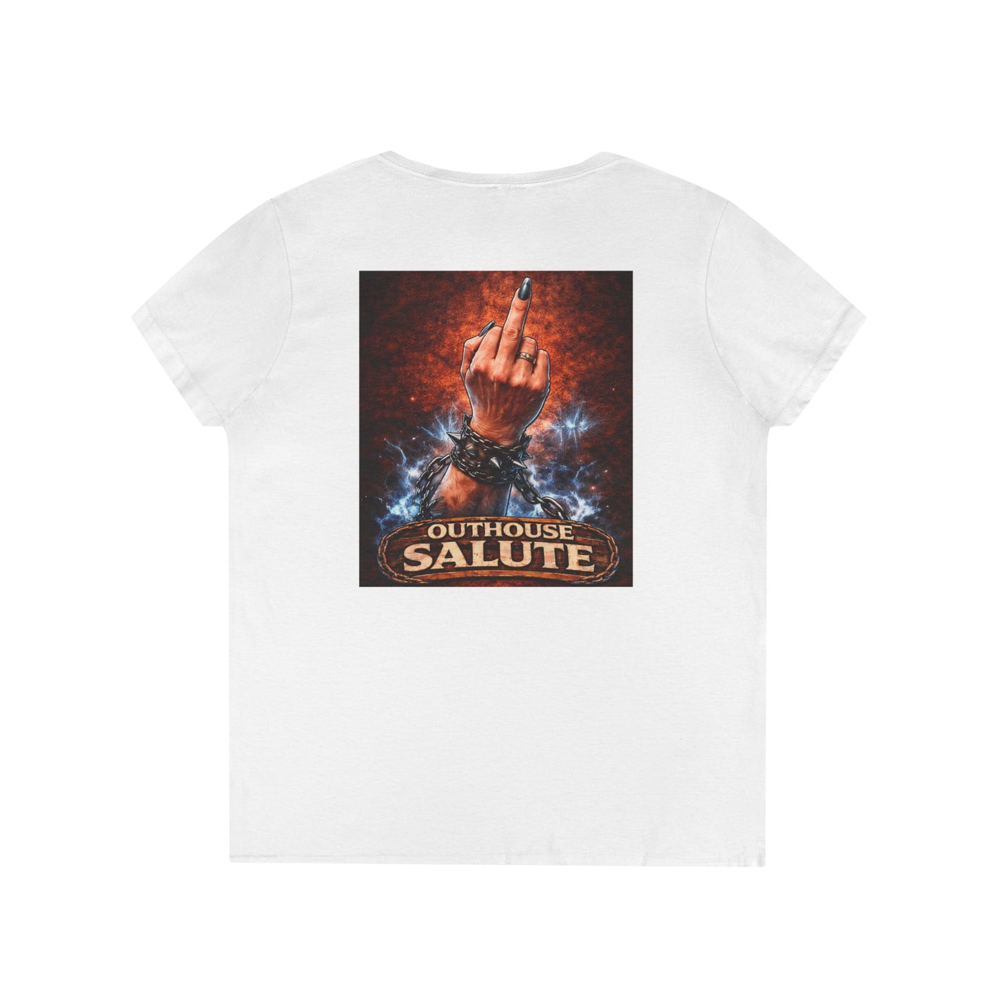 Outhouse Salute V-Neck Tee — Bold Back Graphic Ladies' T-Shirt