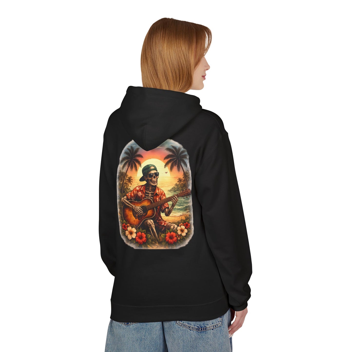 Hawaiian Skeleton Guitar Hoodie — Sunset Palm Vintage Rock Pullover