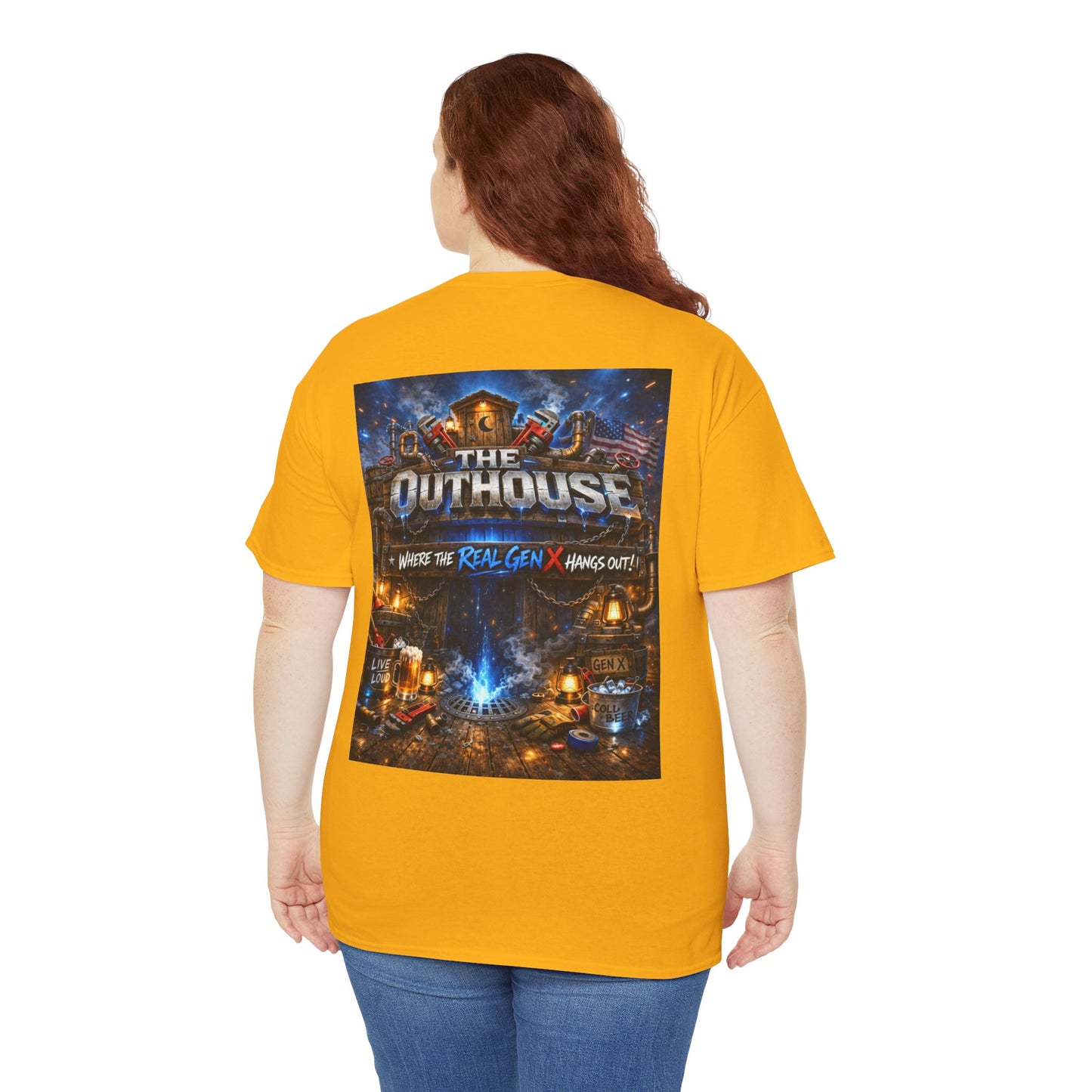 The Outhouse Gen X Tee — Retro Campfire Nostalgia Graphic T-Shirt