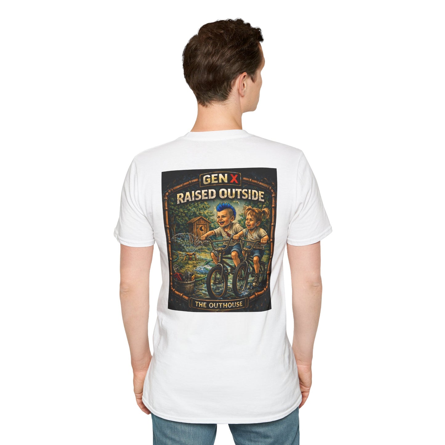 Gen X "Raised Outside" T-Shirt — Retro Outhouse Vintage Graphic Tee