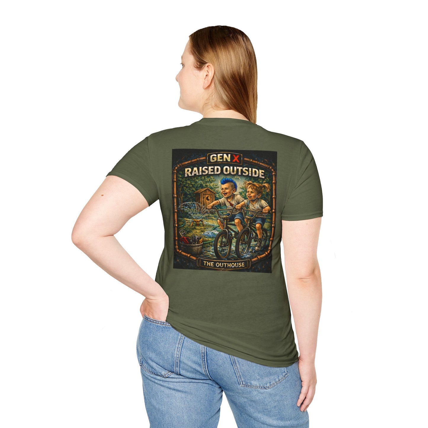 Gen X "Raised Outside" T-Shirt — Retro Outhouse Vintage Graphic Tee