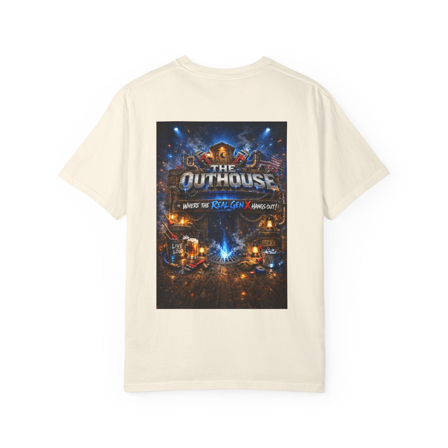 Outhouse Gen X Graphic T-Shirt — Vintage Campfire Adventure Back Print