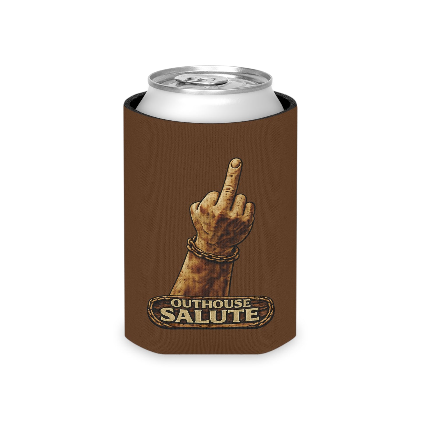 Outhouse Salute Can Cooler — Neoprene Koozie for BBQs & Tailgates