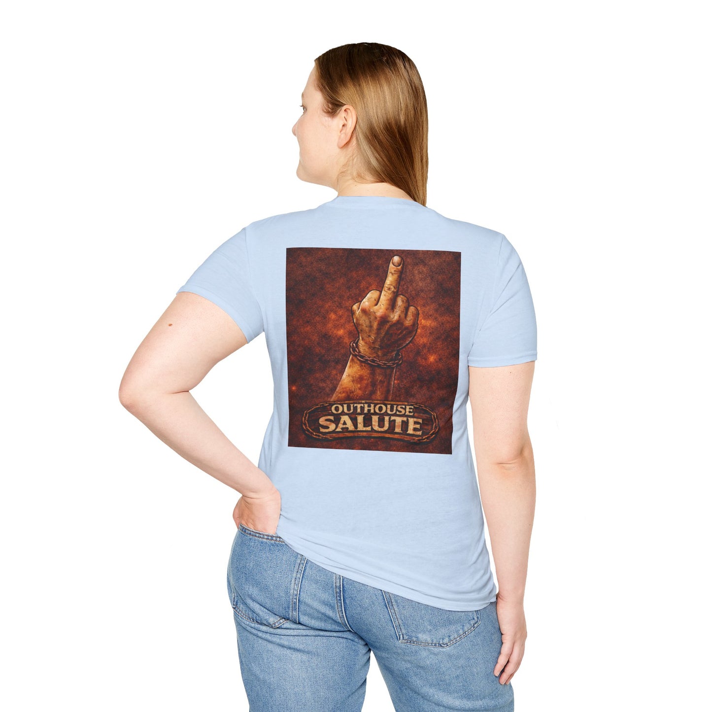 Outhouse Salute T-Shirt — Rustic Hand Gesture Graphic Tee