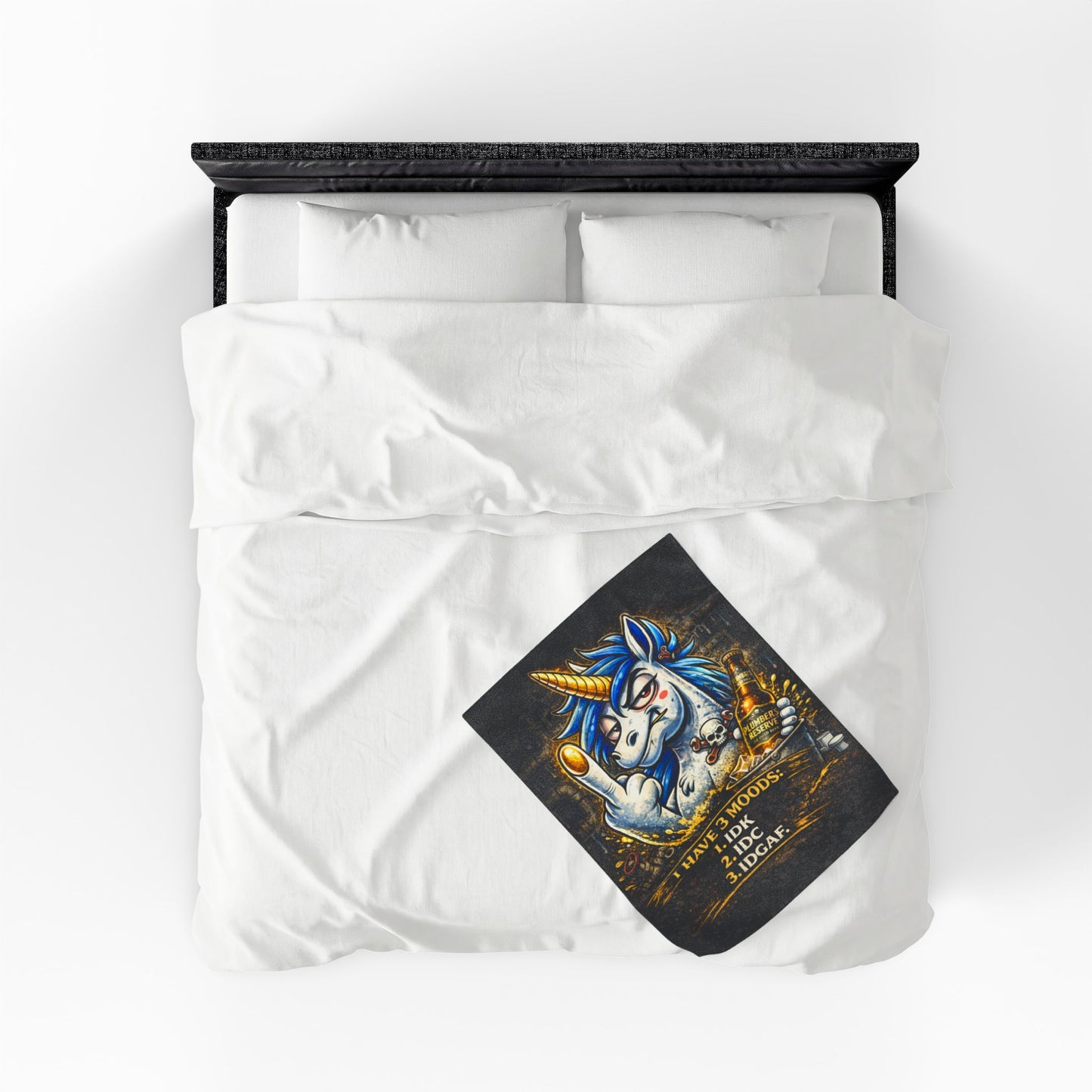 Velveteen Plush Blanket — Funny Unicorn ‘I Have 3 Moods: IDK, IDC, IDGAF’ Throw