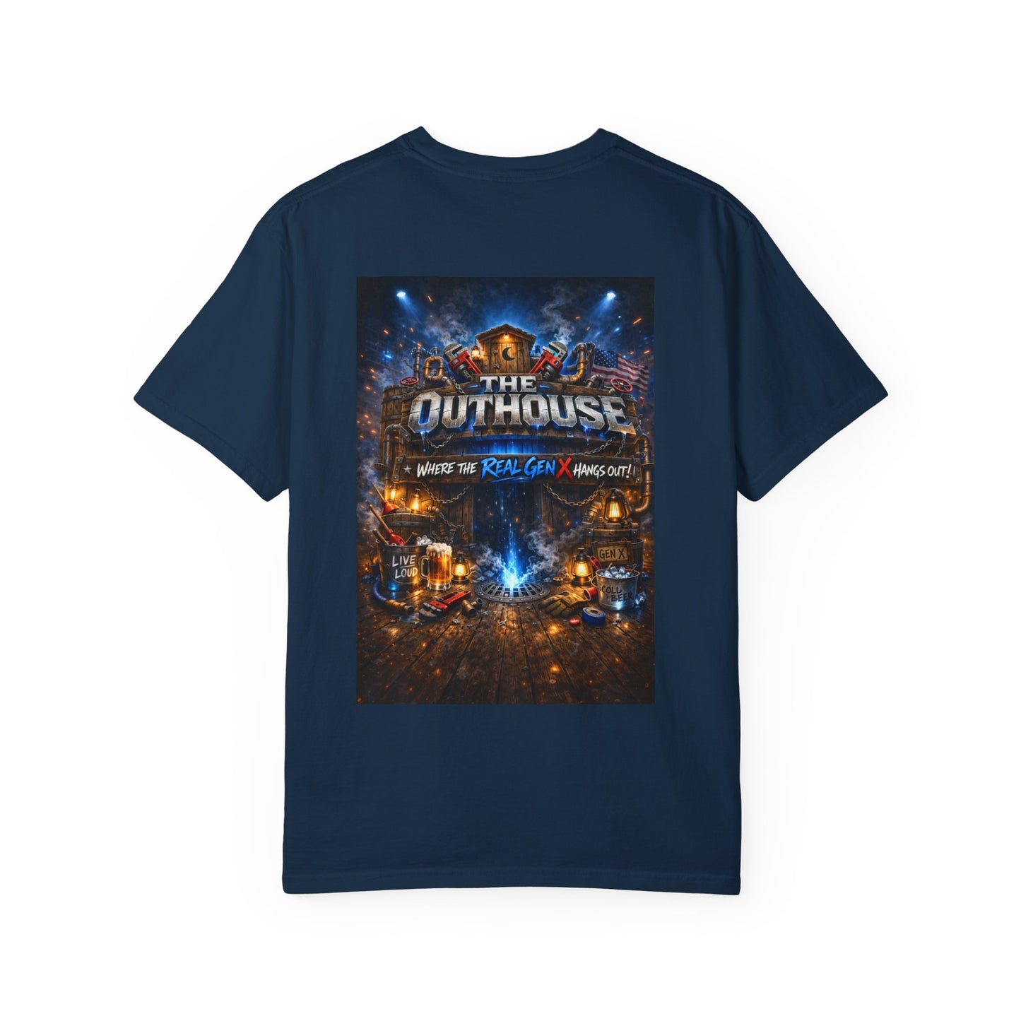 Outhouse Gen X Graphic T-Shirt — Vintage Campfire Adventure Back Print