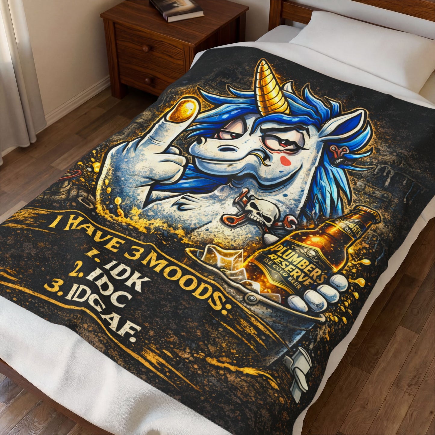 Velveteen Plush Blanket — Funny Unicorn ‘I Have 3 Moods: IDK, IDC, IDGAF’ Throw