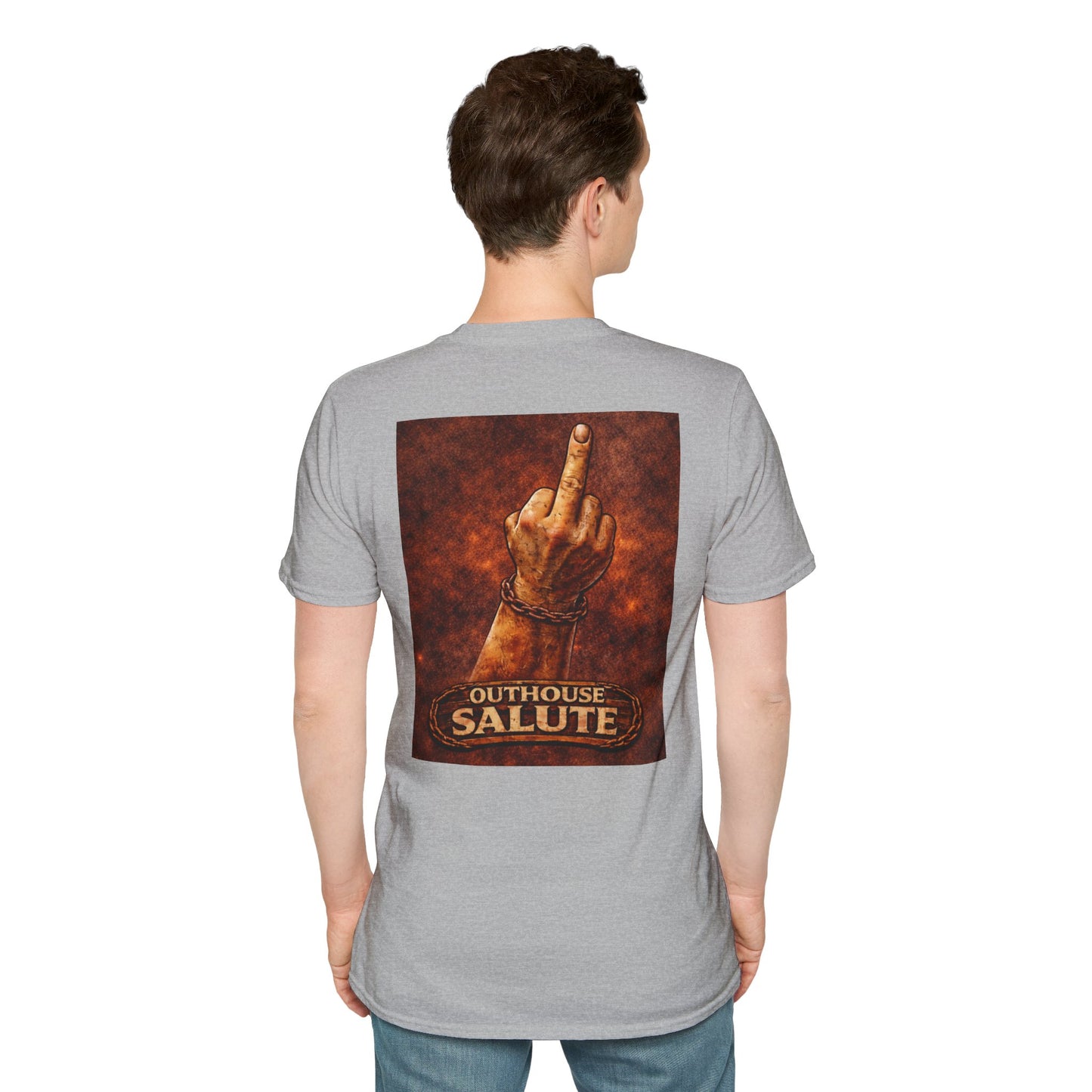 Outhouse Salute T-Shirt — Rustic Hand Gesture Graphic Tee