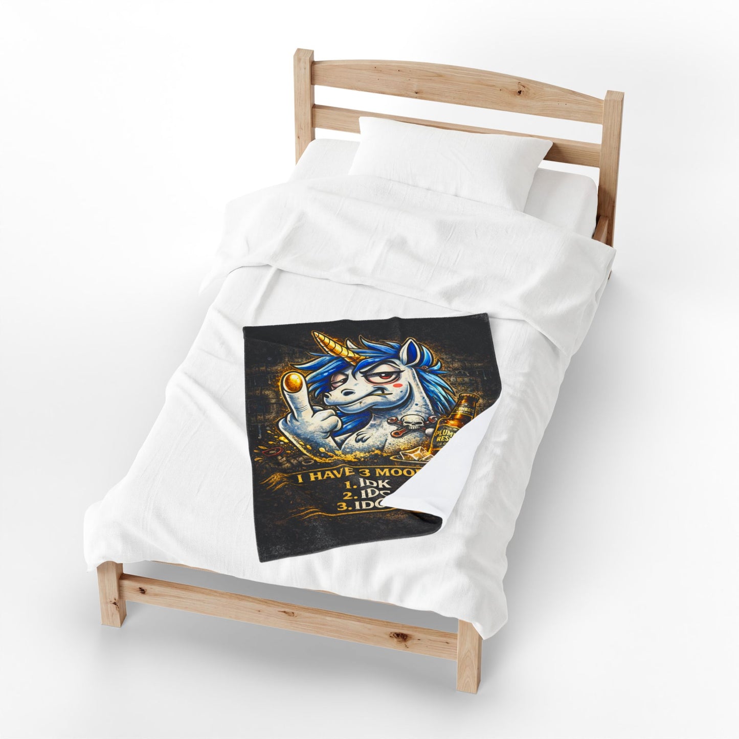 Velveteen Plush Blanket — Funny Unicorn ‘I Have 3 Moods: IDK, IDC, IDGAF’ Throw