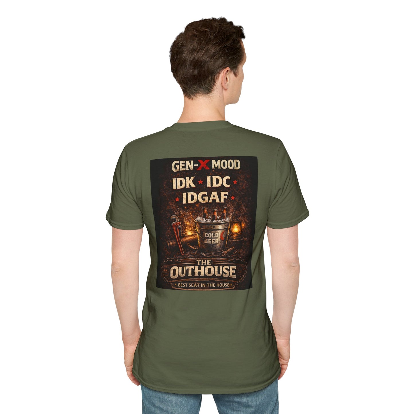 Outhouse Gen-X T-Shirt — "Gen-X Mood: IDK • IDC • IDGAF" Retro Beer Graphic