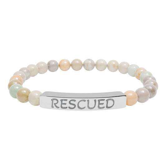 Rescued Engraved Natural Stone Bar Bracelet — Stretch Beaded Healing Jewelry