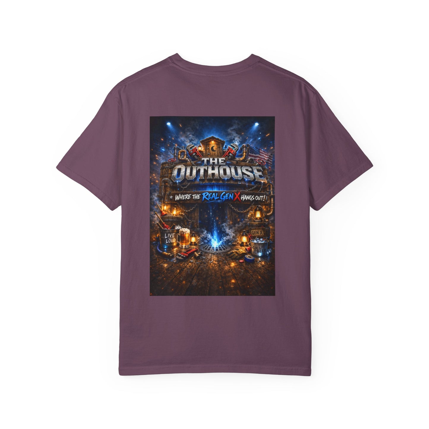 Outhouse Gen X Graphic T-Shirt — Vintage Campfire Adventure Back Print