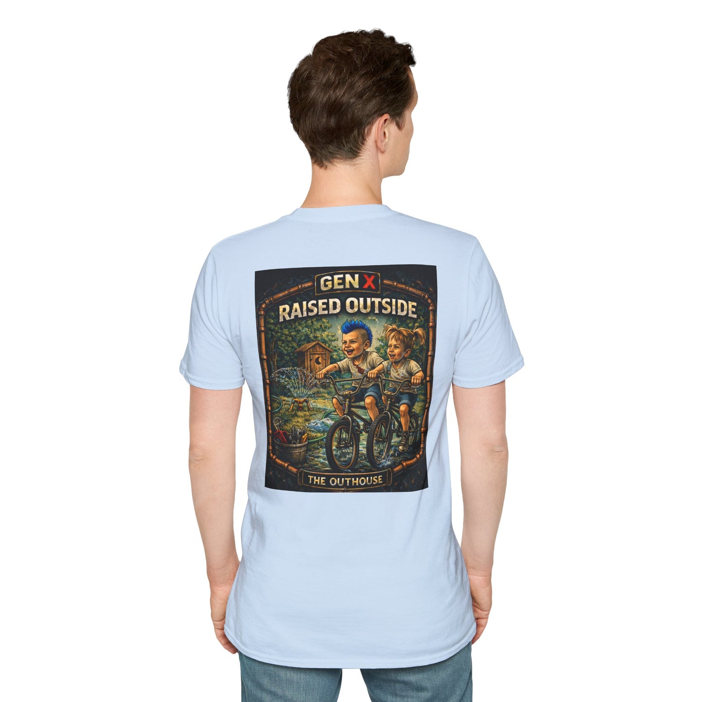 Gen X "Raised Outside" T-Shirt — Retro Outhouse Vintage Graphic Tee
