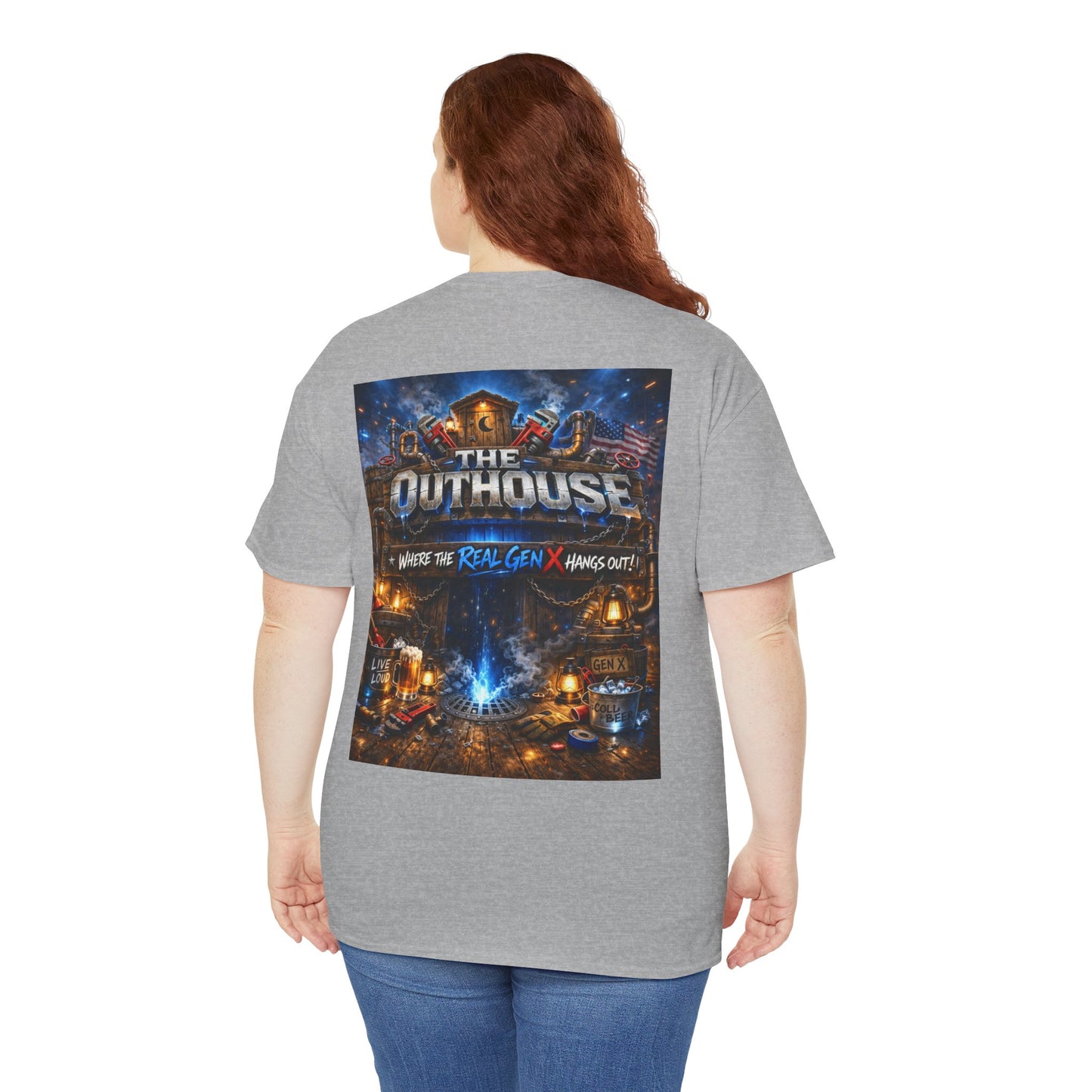 The Outhouse Gen X Tee — Retro Campfire Nostalgia Graphic T-Shirt