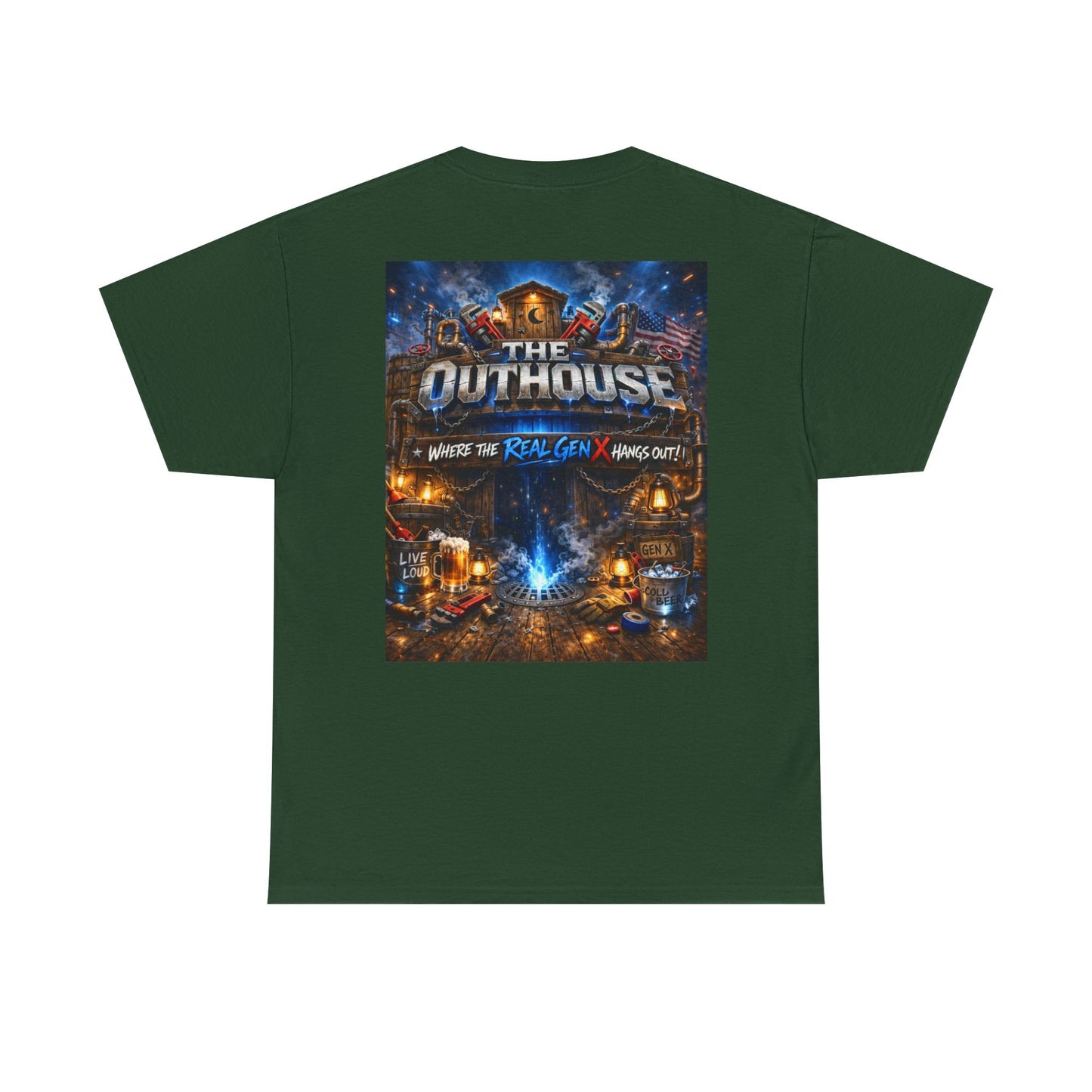 The Outhouse Gen X Tee — Retro Campfire Nostalgia Graphic T-Shirt