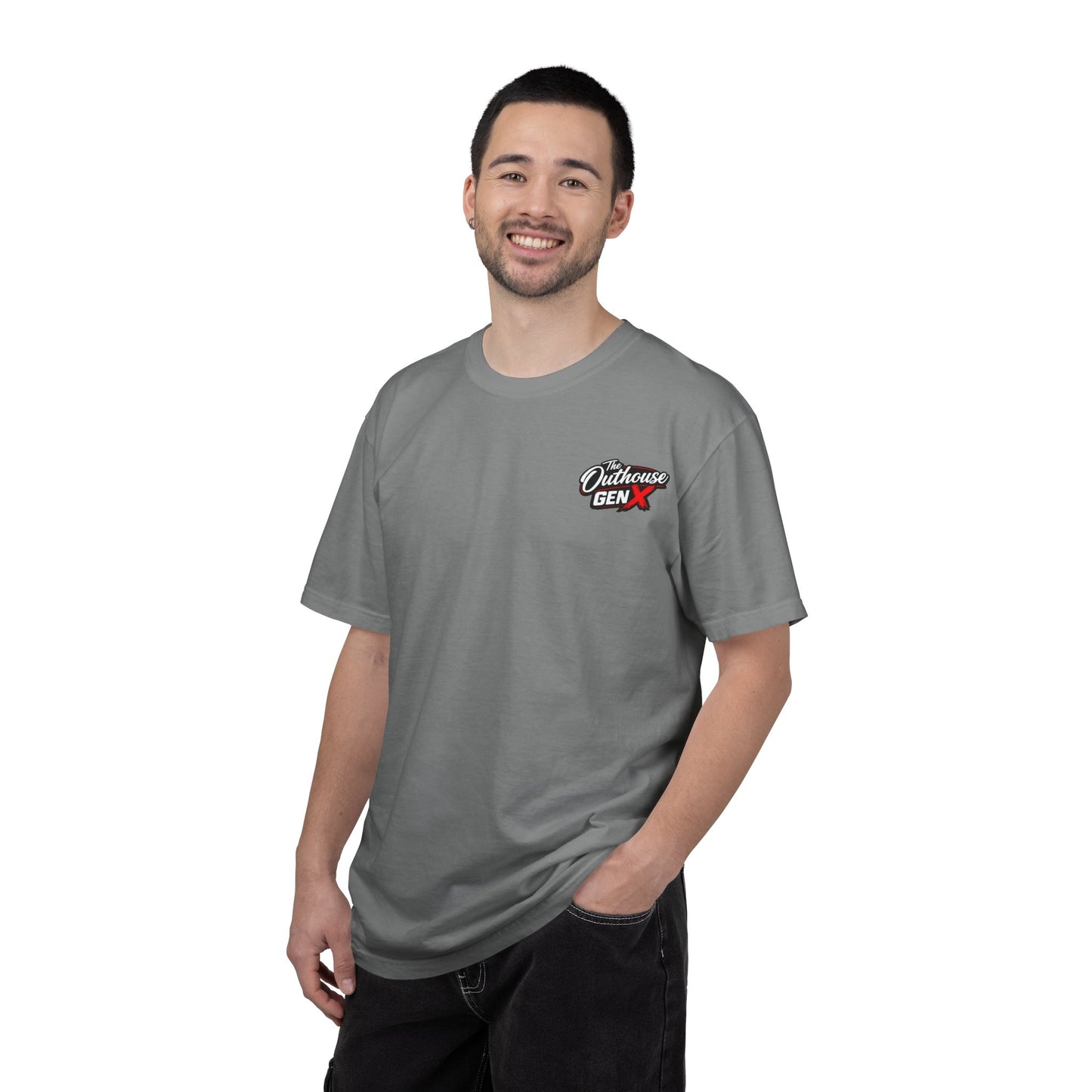 Outhouse Gen X Graphic T-Shirt — Vintage Campfire Adventure Back Print