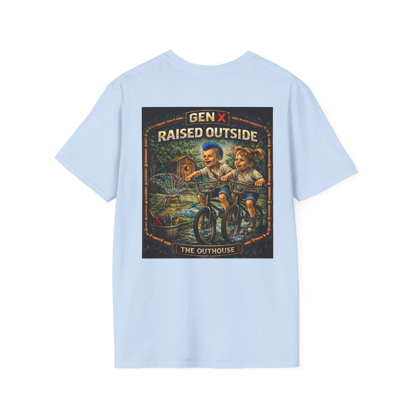 Gen X "Raised Outside" T-Shirt — Retro Outhouse Vintage Graphic Tee