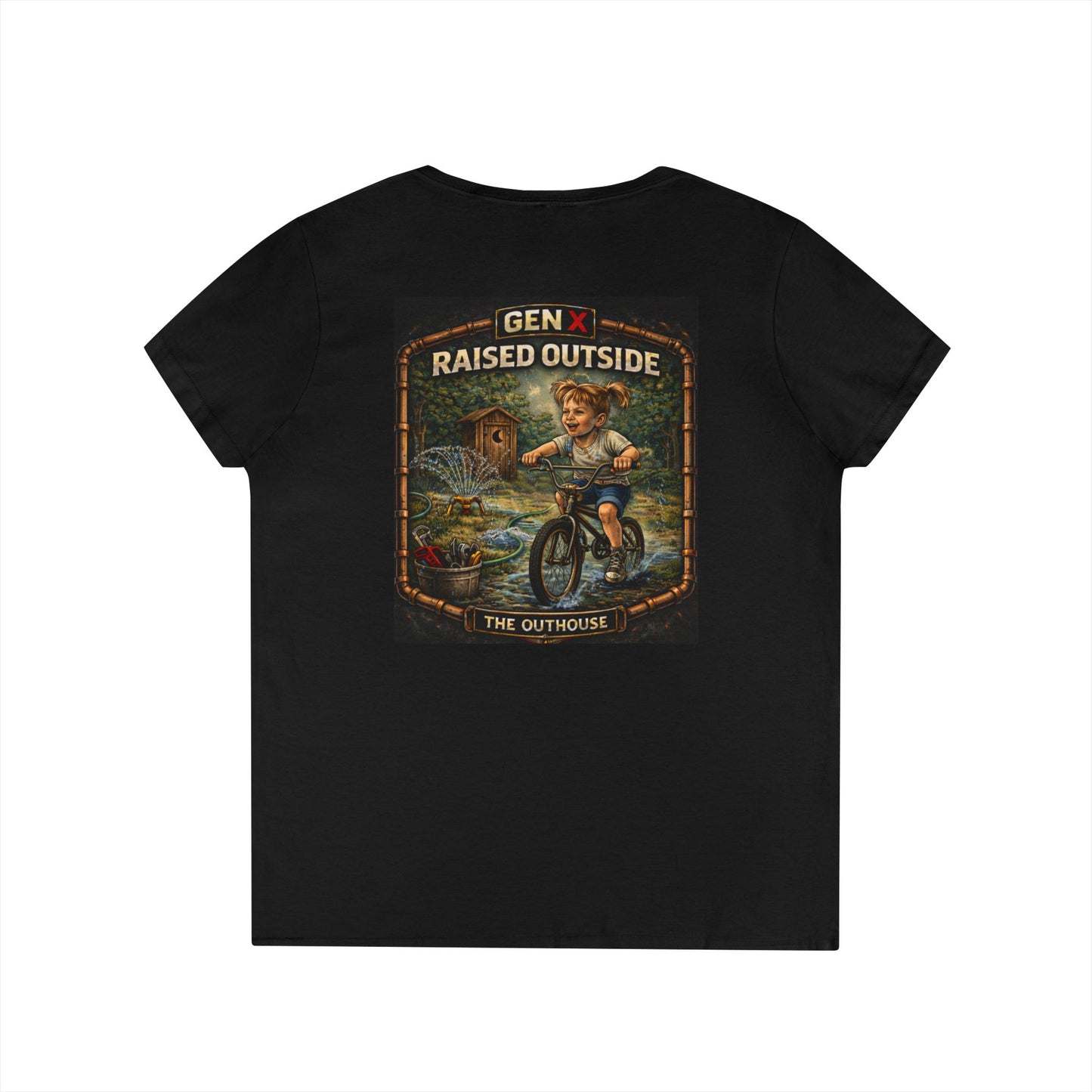 Gen X Raised Outside V‑Neck Tee — "Raised Outside" Retro Bike Graphic