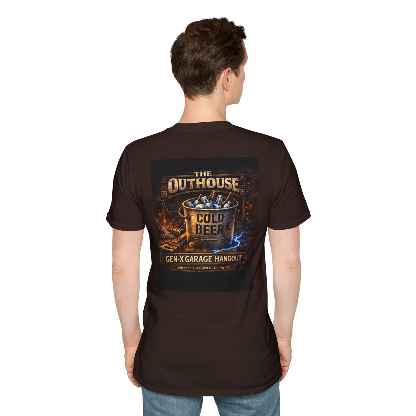 The Outhouse Cold Beer T-Shirt — Gen‑X Garage Hangout Graphic Tee