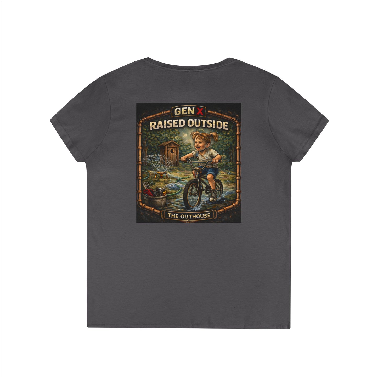 Gen X Raised Outside V‑Neck Tee — "Raised Outside" Retro Bike Graphic