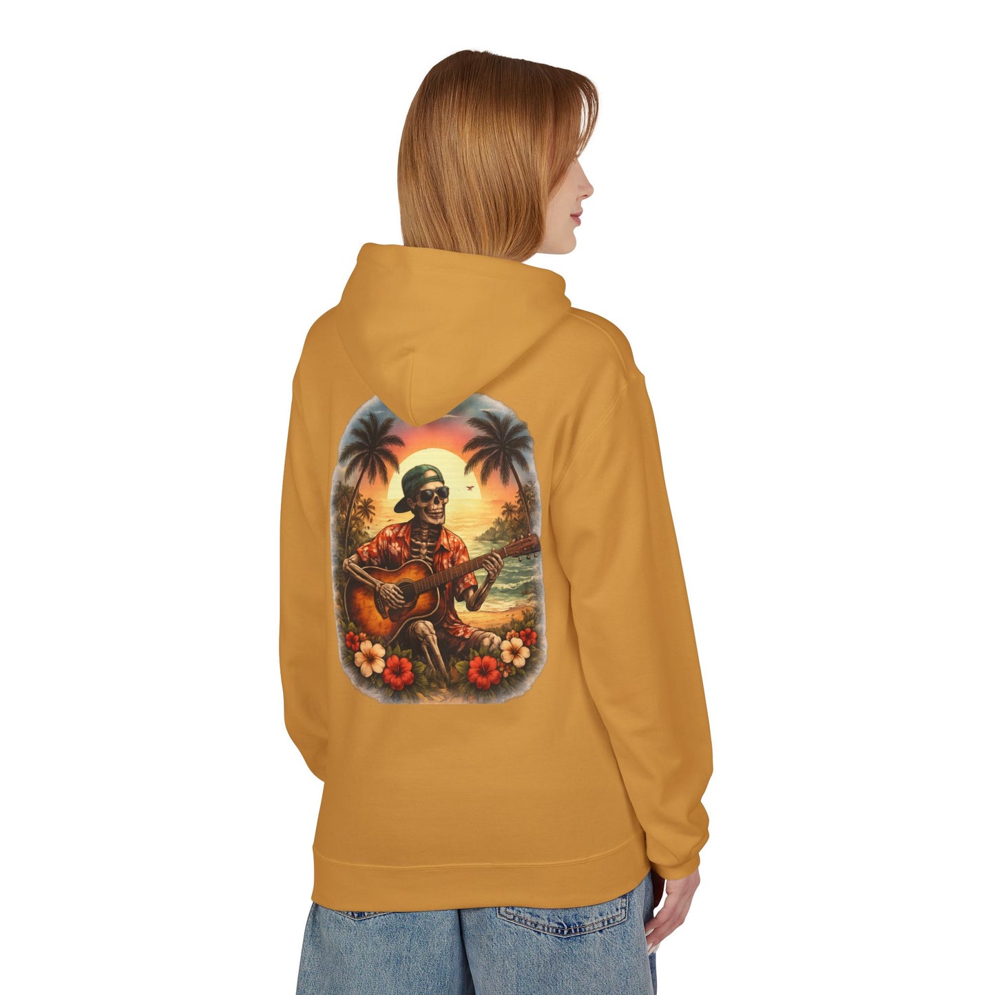Hawaiian Skeleton Guitar Hoodie — Sunset Palm Vintage Rock Pullover