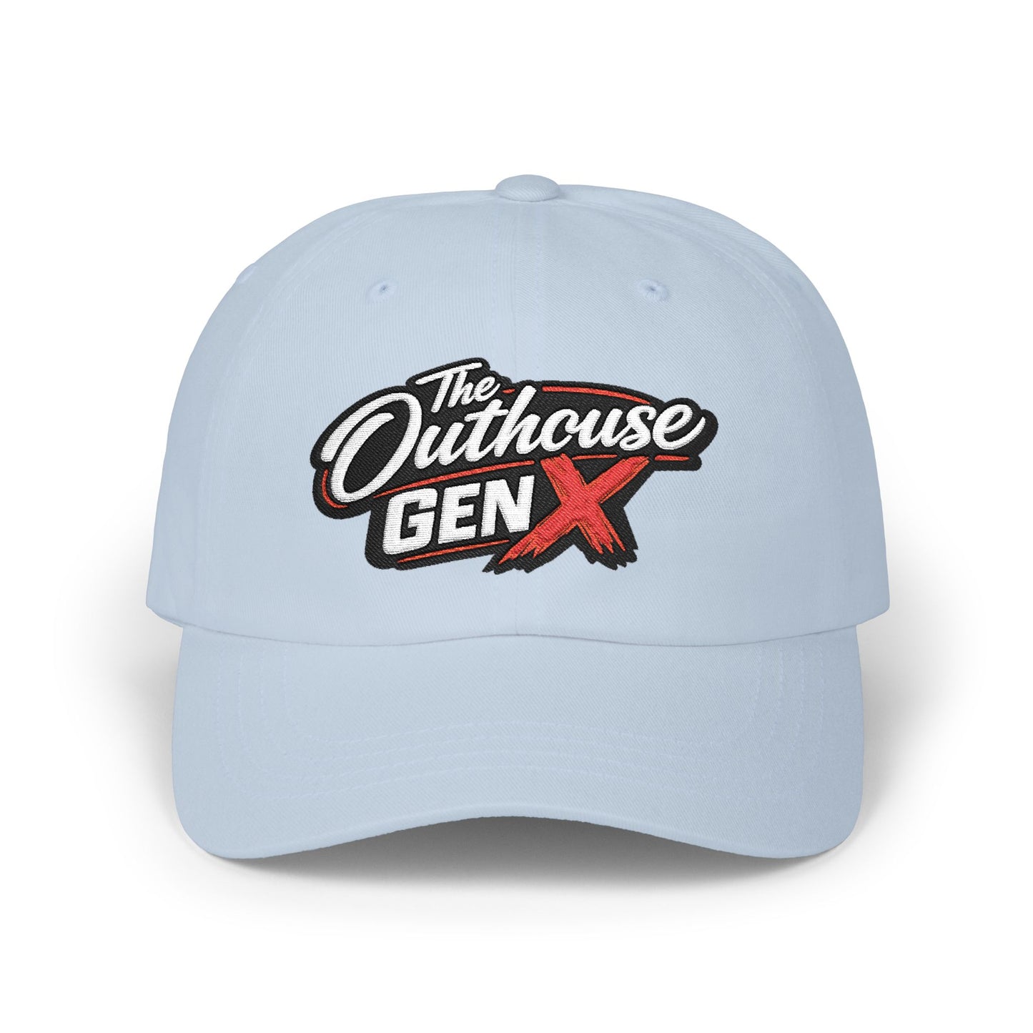 Outhouse Gen‑X Dad Cap — Bold Red X Logo Hat