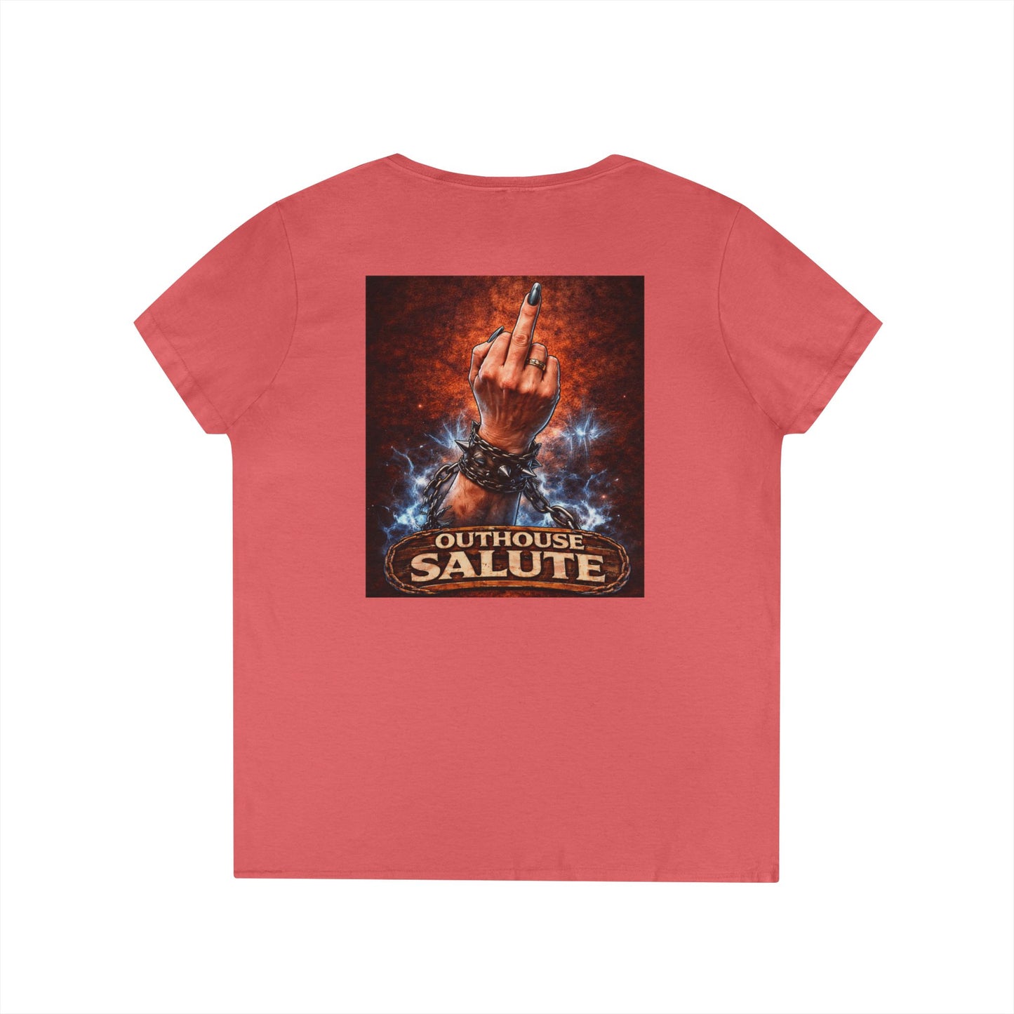 Outhouse Salute V-Neck Tee — Bold Back Graphic Ladies' T-Shirt