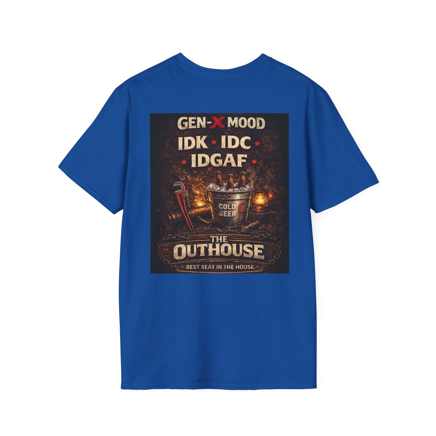 Outhouse Gen-X T-Shirt — "Gen-X Mood: IDK • IDC • IDGAF" Retro Beer Graphic