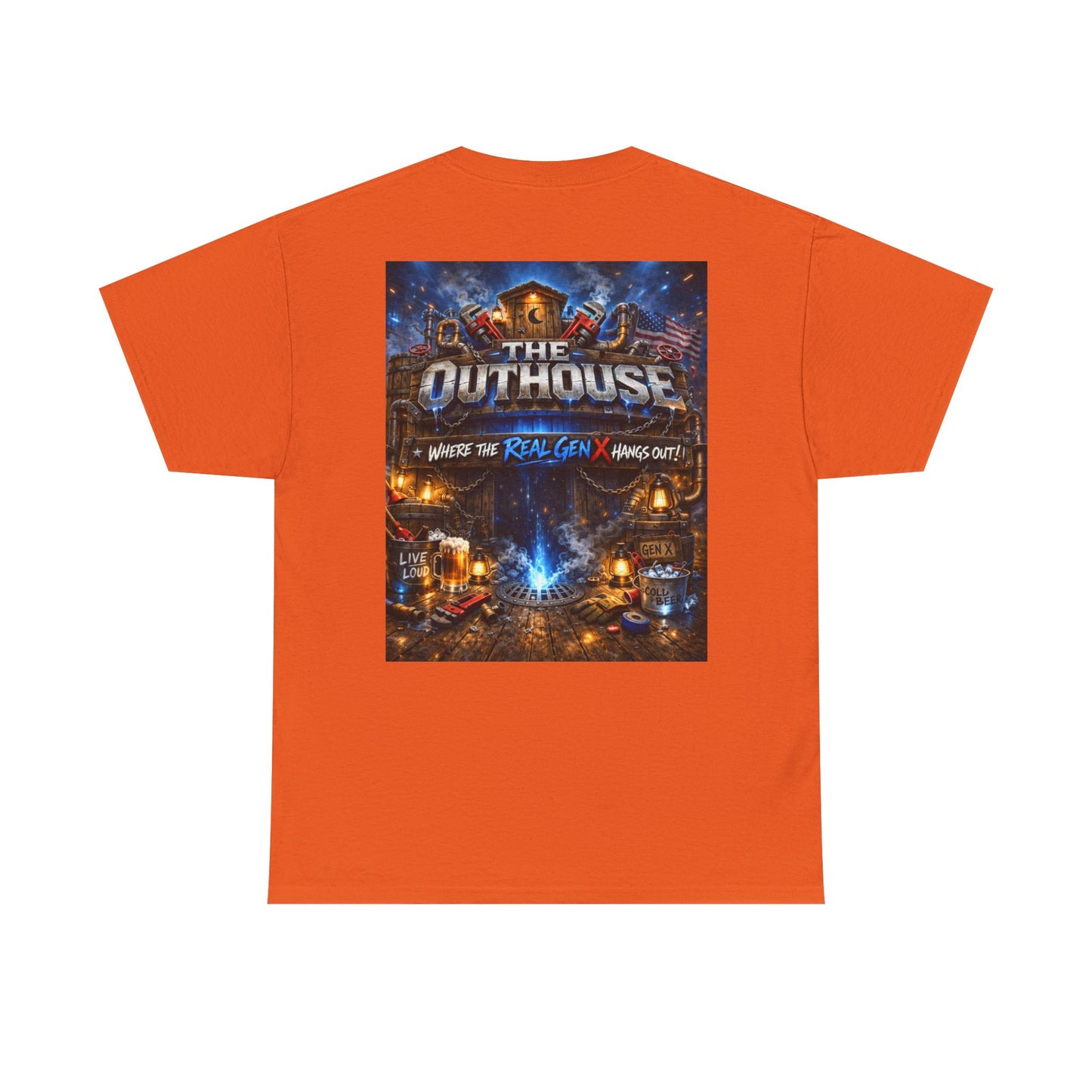 The Outhouse Gen X Tee — Retro Campfire Nostalgia Graphic T-Shirt