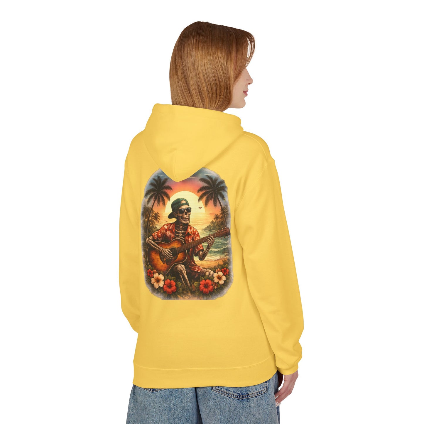 Hawaiian Skeleton Guitar Hoodie — Sunset Palm Vintage Rock Pullover