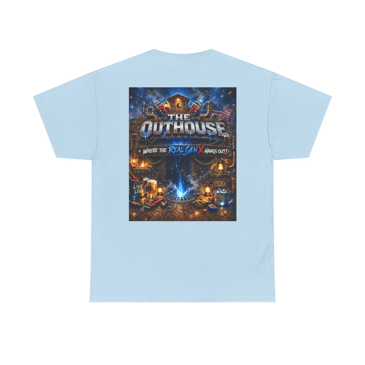 The Outhouse Gen X Tee — Retro Campfire Nostalgia Graphic T-Shirt