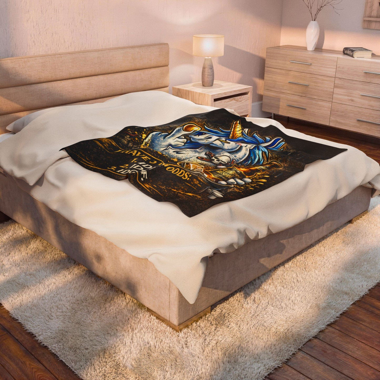 Velveteen Plush Blanket — Funny Unicorn ‘I Have 3 Moods: IDK, IDC, IDGAF’ Throw