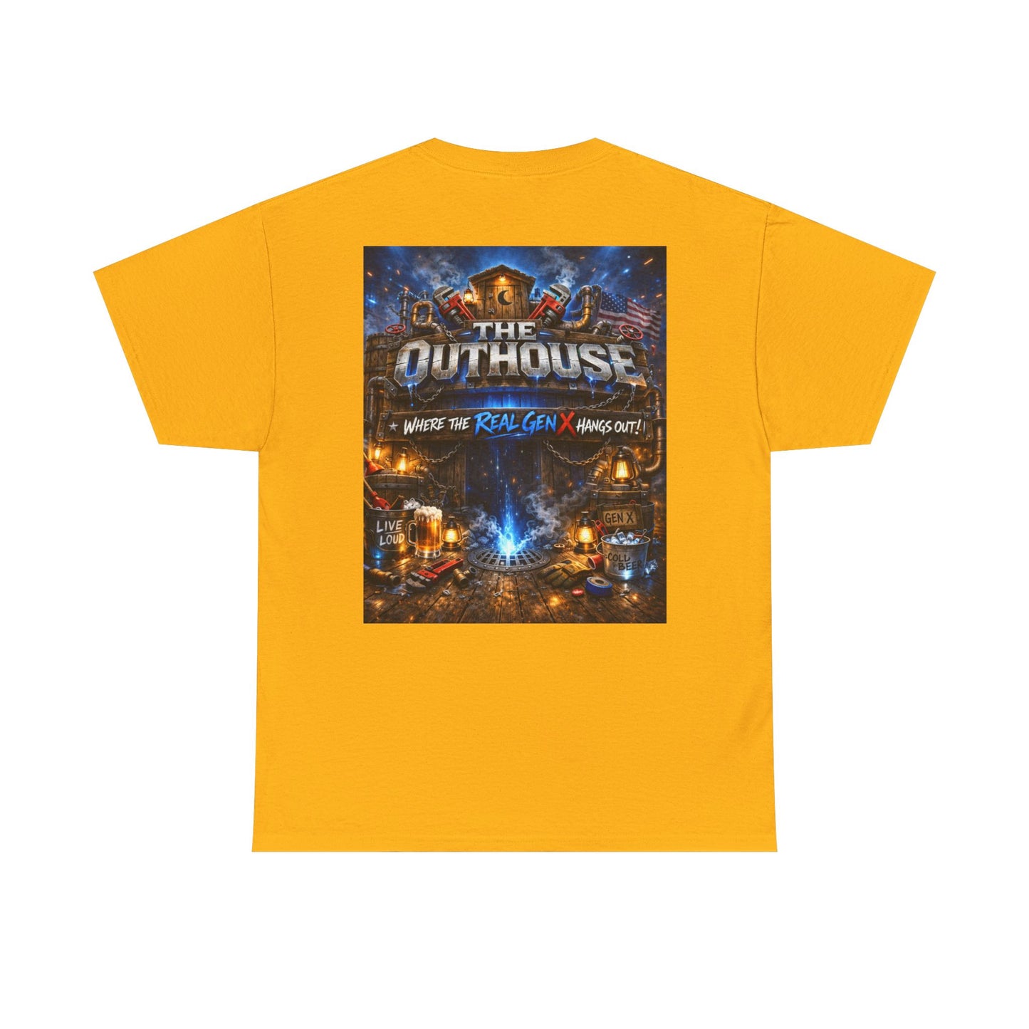 The Outhouse Gen X Tee — Retro Campfire Nostalgia Graphic T-Shirt