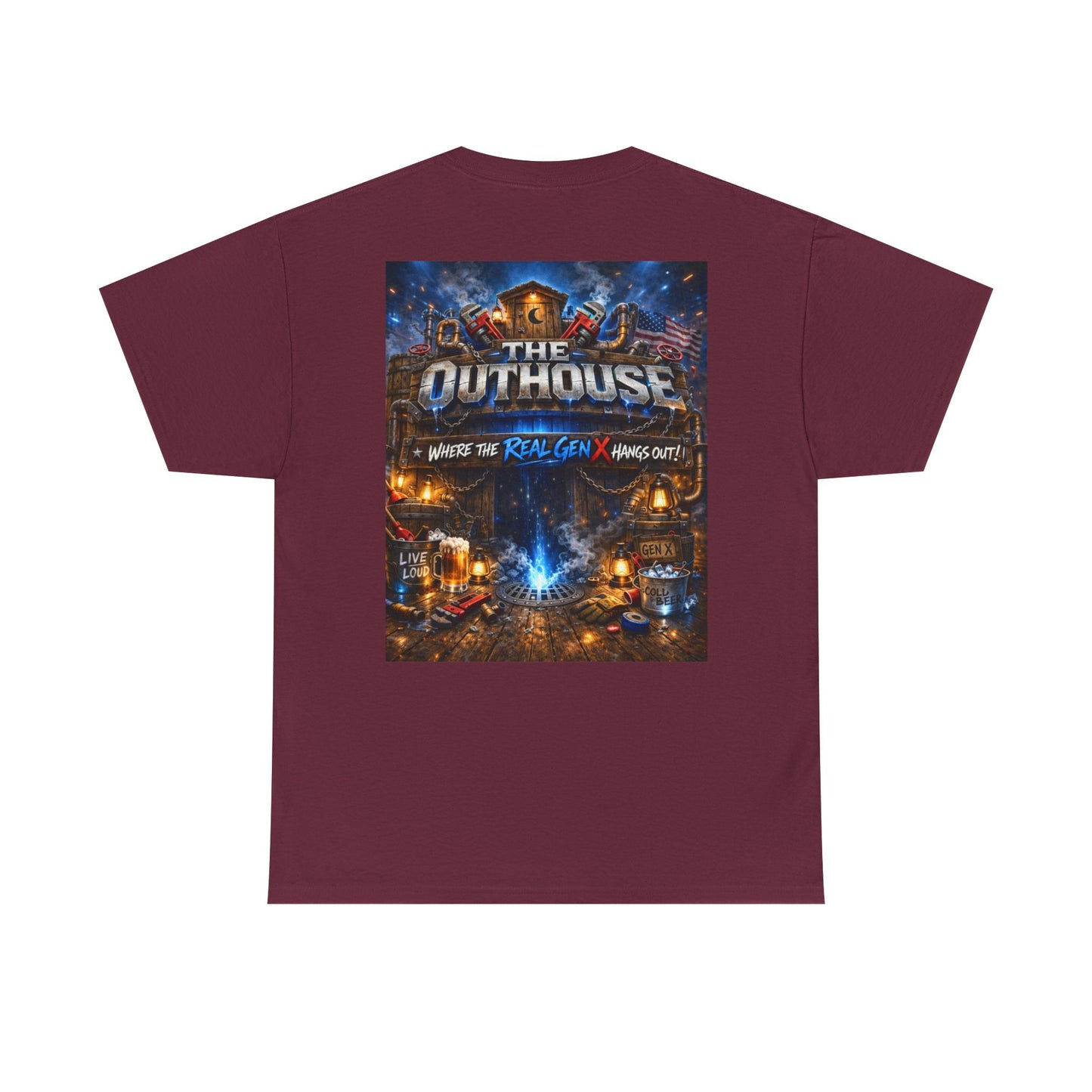 The Outhouse Gen X Tee — Retro Campfire Nostalgia Graphic T-Shirt