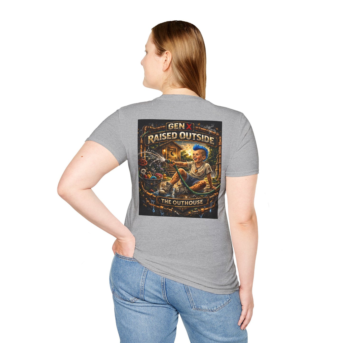 Raised Outside Outhouse Tee — Gen X Retro Outdoor Humor T-Shirt