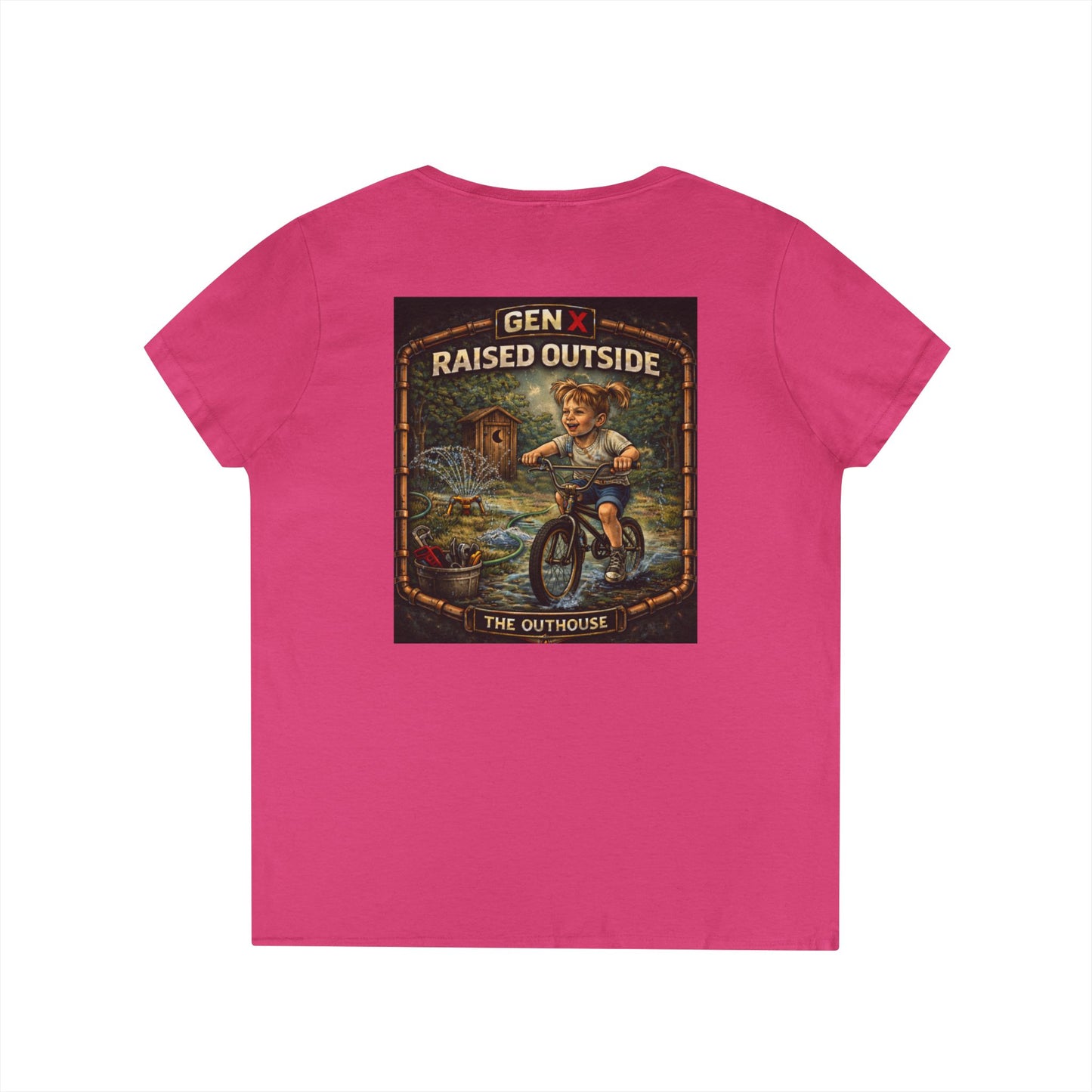 Gen X Raised Outside V‑Neck Tee — "Raised Outside" Retro Bike Graphic