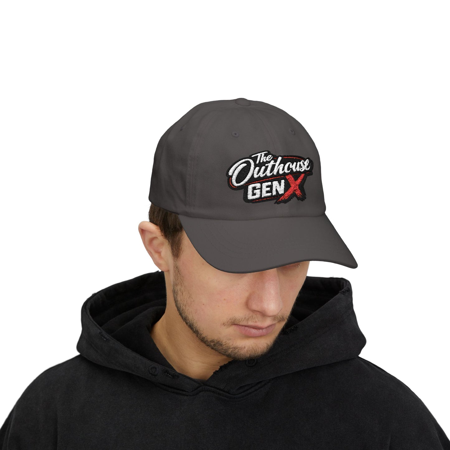 Outhouse Gen‑X Dad Cap — Bold Red X Logo Hat